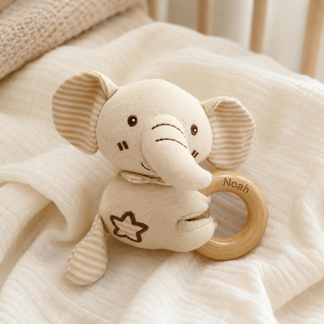 Personalized Baby Animal Rattle, Soft Plush Baby Rattle with Engraved Wooden Ring, Newborn Baby Shower Gift, Neutral Nursery Toy