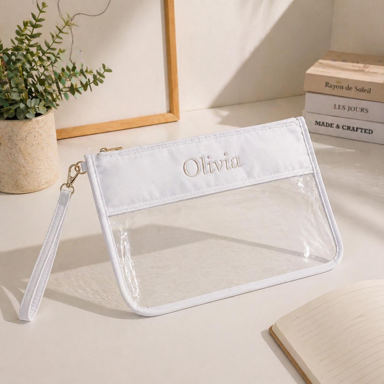 Personalized Clear Cosmetic Bag | Travel Makeup Pouch | Transparent Toiletry Bag | Embroidered Name | Gifts for Her | Beauty Organizer