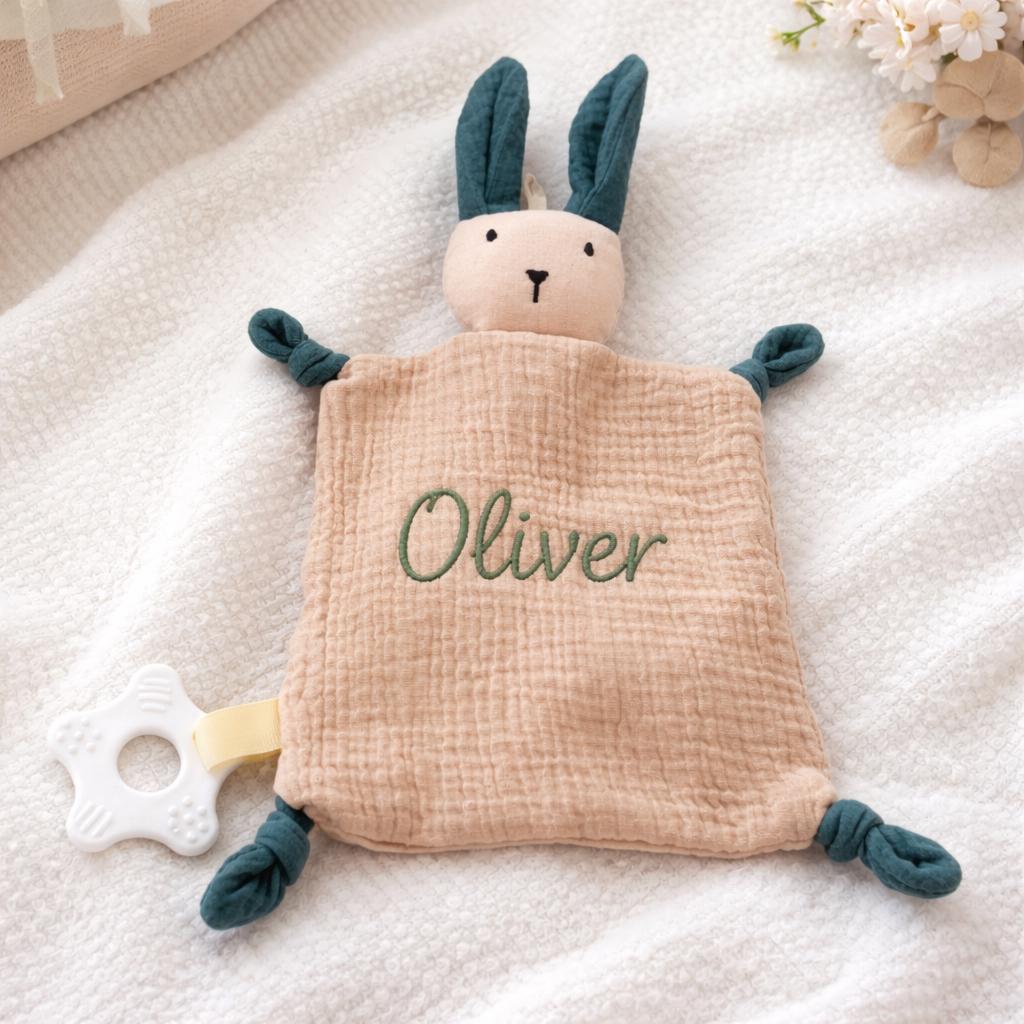 Personalized Baby Lovey with Teether, Custom Embroidered Security Blanket, Muslin Comfort Blanket, Newborn Gift, Baby Shower Gift