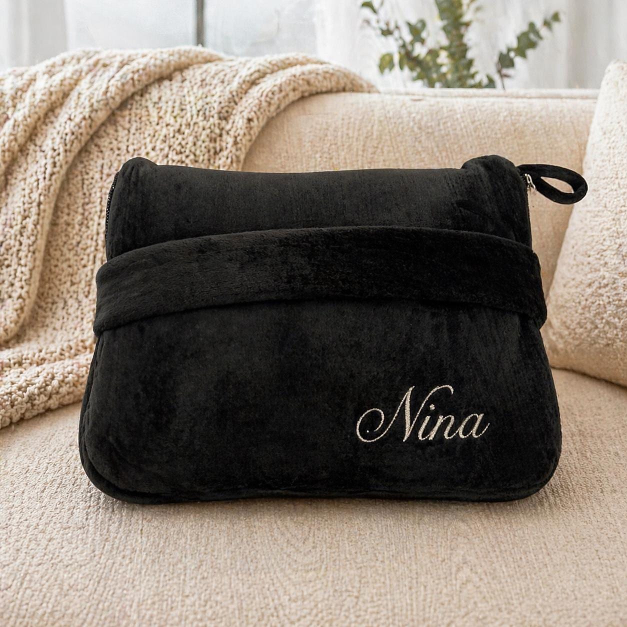 Personalized Plush Travel Blanket with Pouch, Embroidered Name Cozy Throw