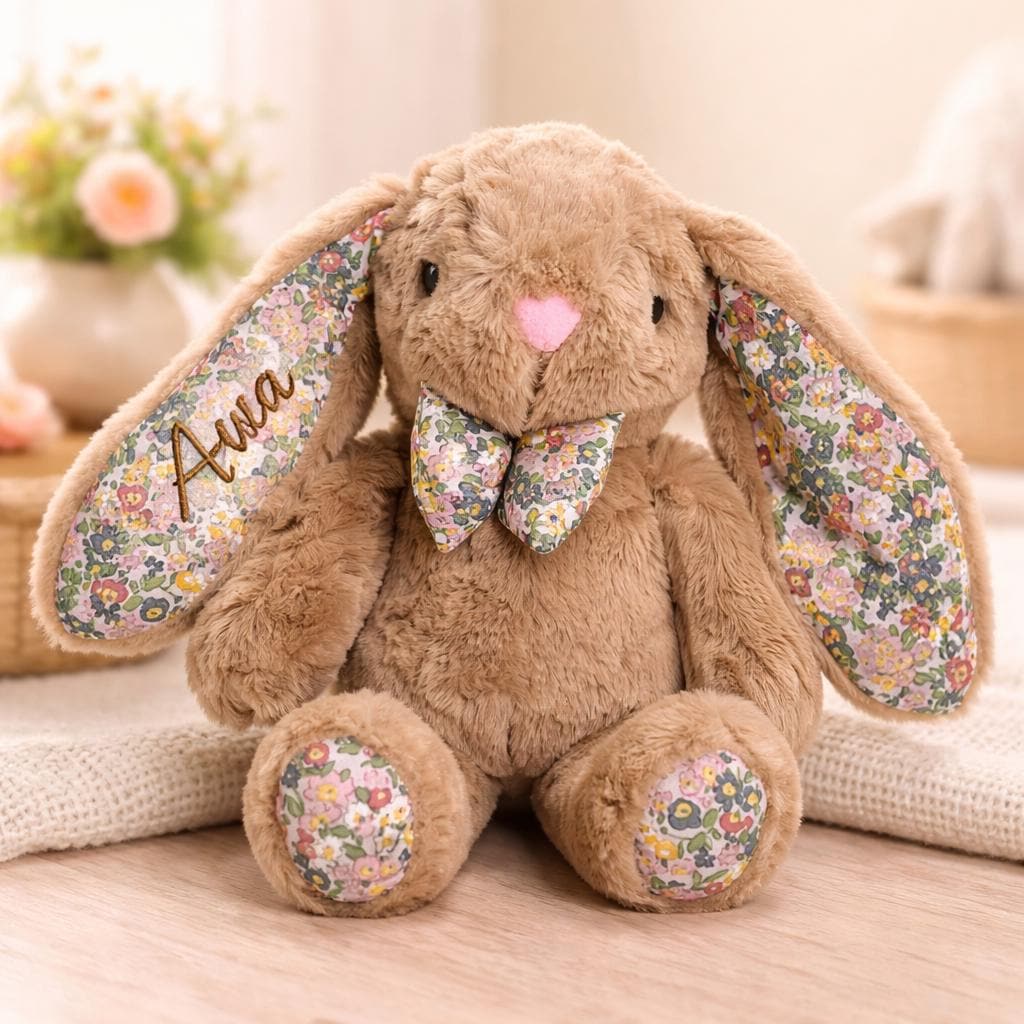 Personalized Bunny Plush Toy, Custom Embroidered Easter Bunny, Floral Rabbit Stuffed Animal, Baby Shower Gift, Newborn Keepsake