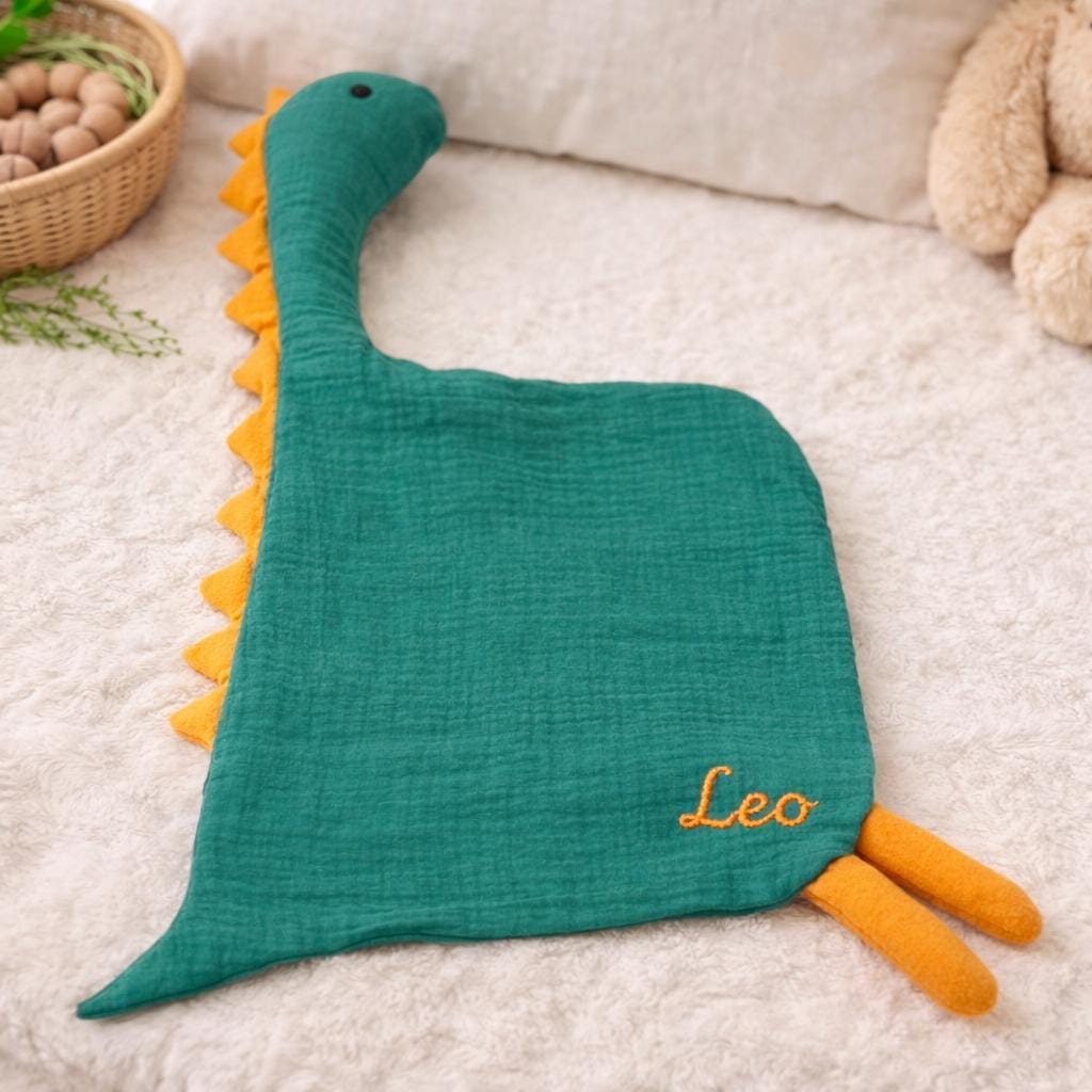 Personalized Dinosaur Muslin Lovey, Soft Cotton Security Blanket, Newborn Gift