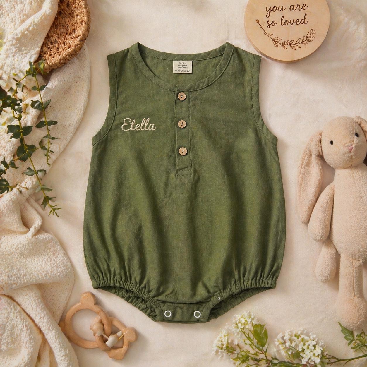 Personalized Baby Romper, Custom Name Embroidery Linen Cotton Romper, Baby Shower Gift, Summer Baby Outfit, Neutral Baby Clothes