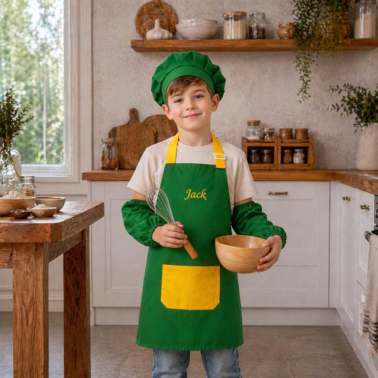 Personalisiertes Kinder-Kochset, individuell bestickte Schürze und Kochmütze, Kleinkind-Kochoutfit