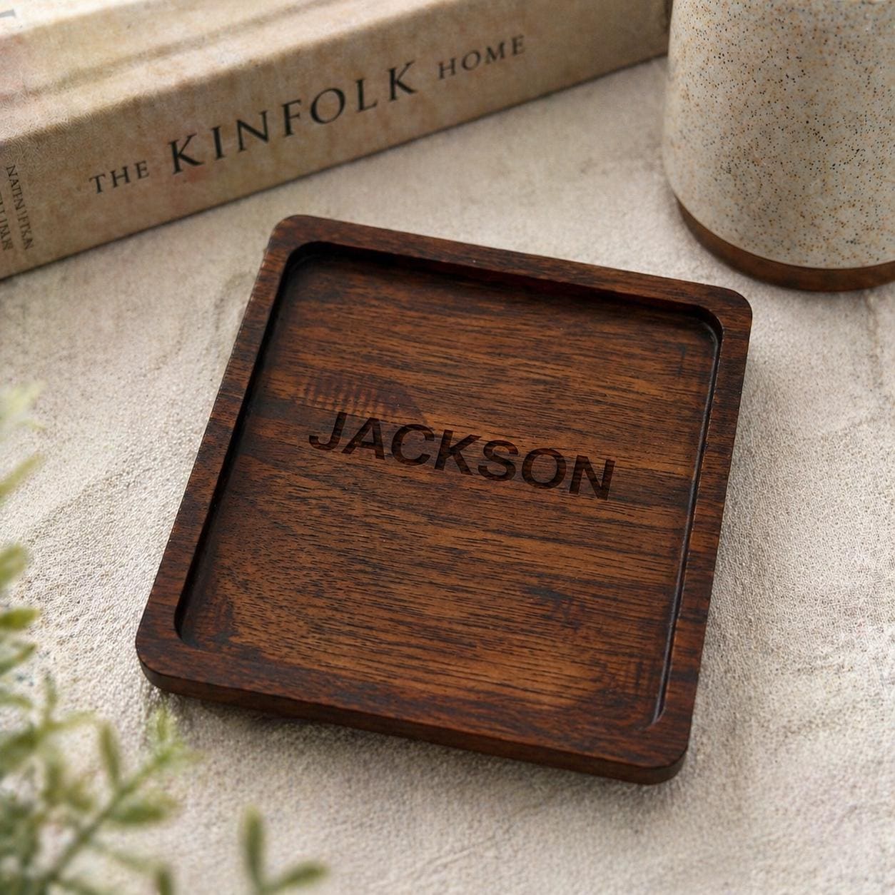 Personalized Wooden Coaster, Custom Name Engraved Square Drink Coaster – Minimalist Home Decor