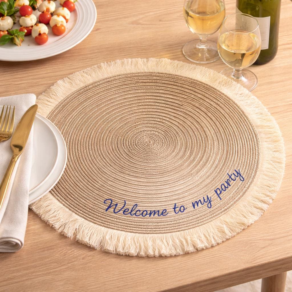 Personalisierte bestickte runde Platzmatte, Boho-Tischdeko mit Baumwollfransen, Hochzeitsgeschenk