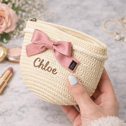 Personalized Straw Makeup Bag, Custom Embroidered Name Cosmetic Pouch, Bridesmaid Gift, Crochet Clutch Purse, Gift for Her
