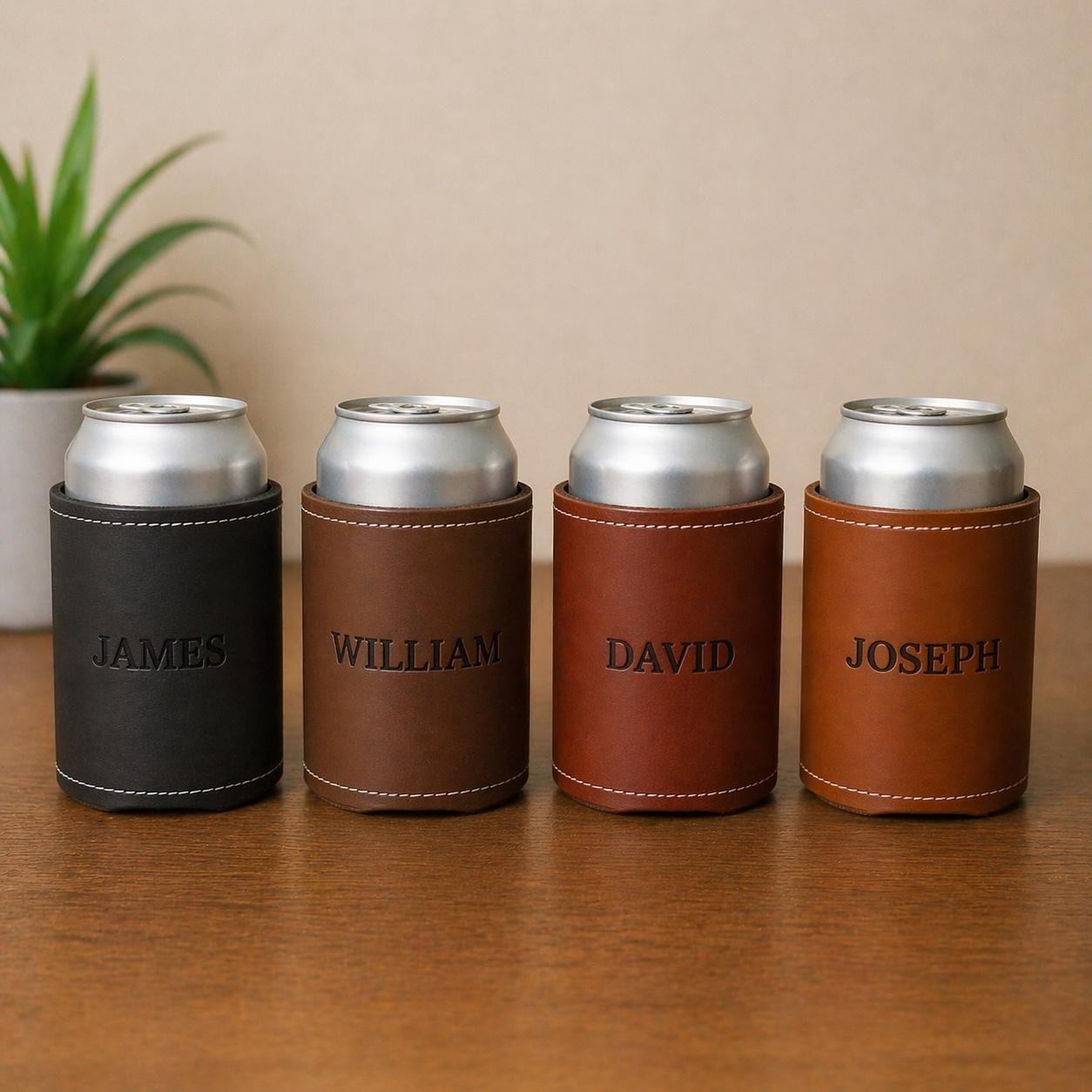 Personalized Leather Can Cooler, Custom Engraved Beer Koozie, Groomsmen Wedding Favor Gift