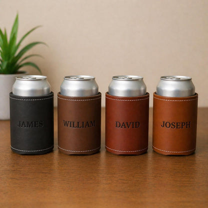 Personalized Leather Can Cooler, Custom Engraved Beer Koozie, Groomsmen Wedding Favor Gift