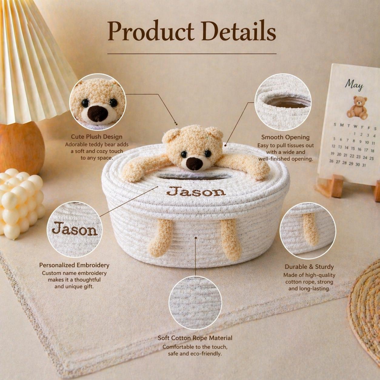 Personalized Plush Bear Bunny Tissue Box Cover, Embroidered Name Basket, Nursery Decor