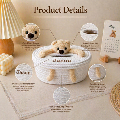 Personalized Plush Bear Bunny Tissue Box Cover, Embroidered Name Basket, Nursery Decor