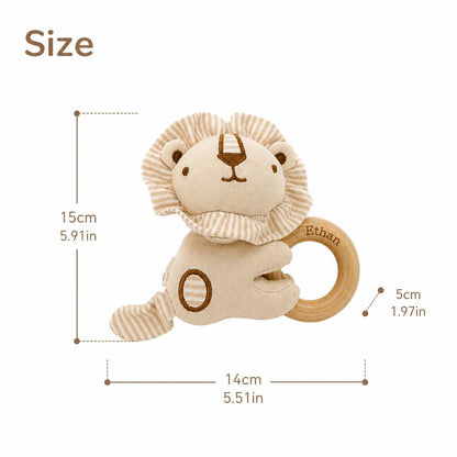 Personalized Baby Animal Rattle, Soft Plush Baby Rattle with Engraved Wooden Ring, Newborn Baby Shower Gift, Neutral Nursery Toy