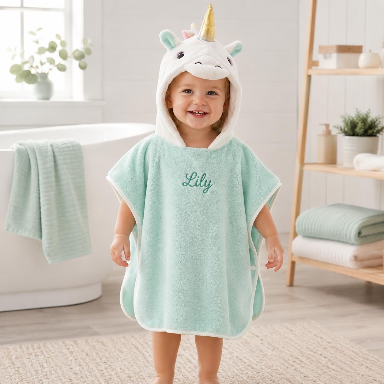 Personalized Unicorn Hooded Baby Towel, Embroidered Name