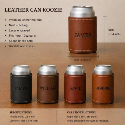 Personalized Leather Can Cooler, Custom Engraved Beer Koozie, Groomsmen Wedding Favor Gift