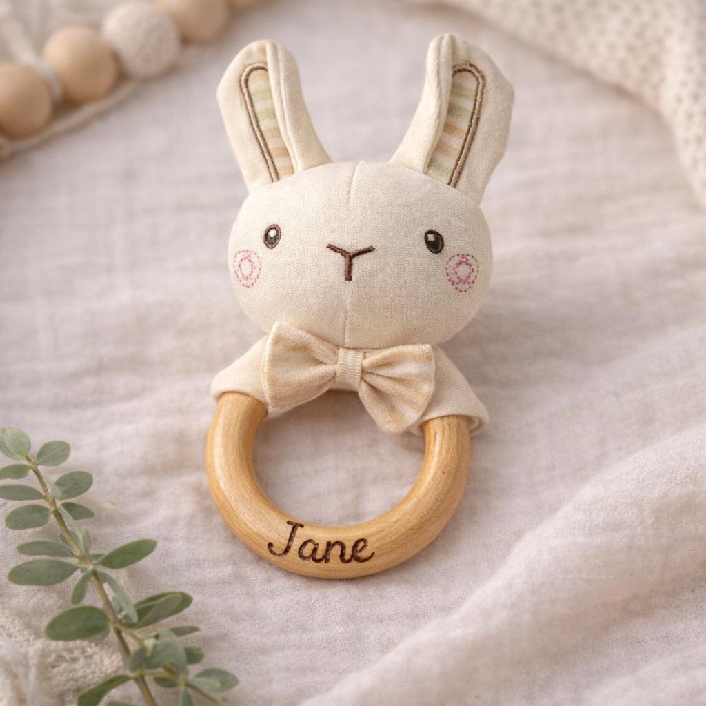 Personalized Baby Teether Toy, Wooden Baby Rattle, Custom Name Teething Ring, Newborn Gift，Rattle as a gift for a newborn