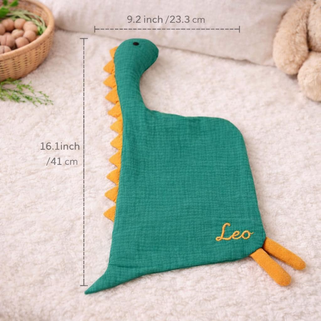 Personalized Dinosaur Muslin Lovey, Soft Cotton Security Blanket, Newborn Gift