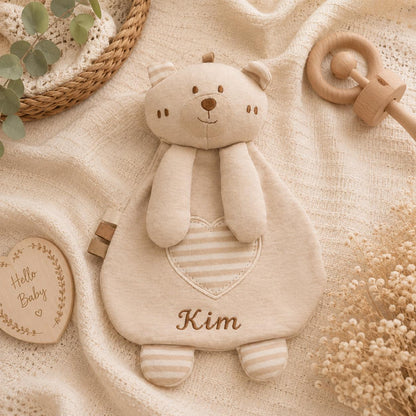 Personalized Baby Lovey Blanket, Organic Cotton Security Blanket with Crinkle Sound, Bunny Bear Elephant Comforter, Newborn Baby Shower Gift