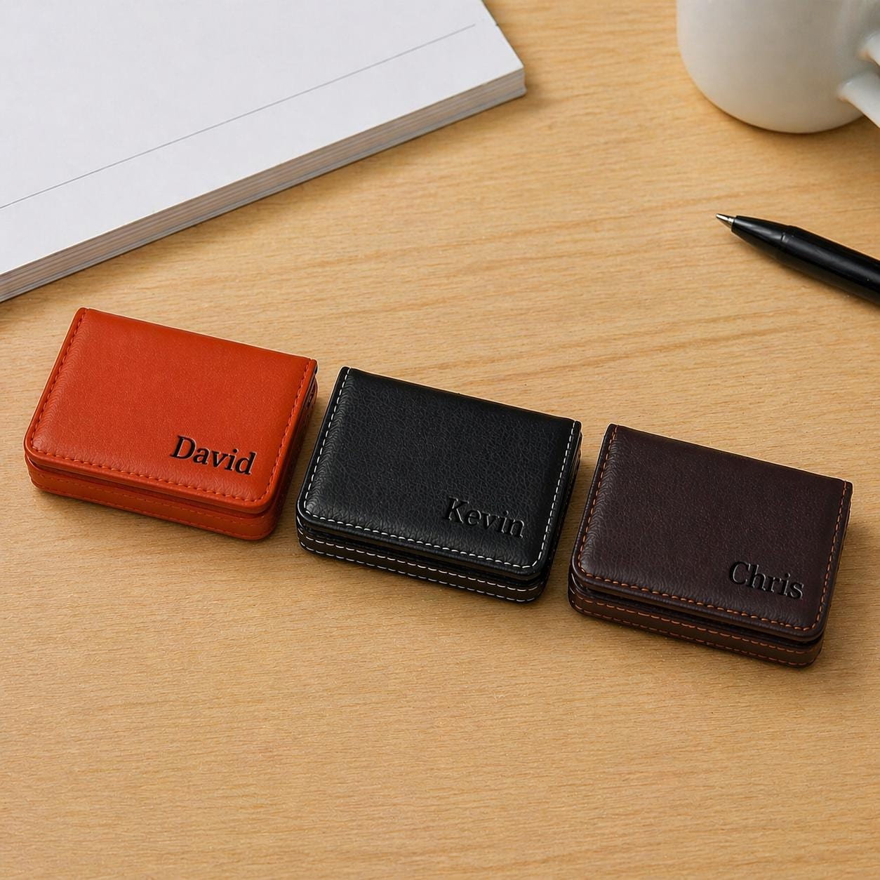 Personalized Leather Business Card Holder, Slim Minimalist Pocket Wallet, Custom Engraved Name Case
