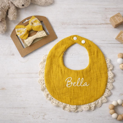Personalized Lace Baby Bib, Custom Embroidered Name Bib, Cotton Gauze Drool Bib, Newborn Gift, Baby Shower Gift
