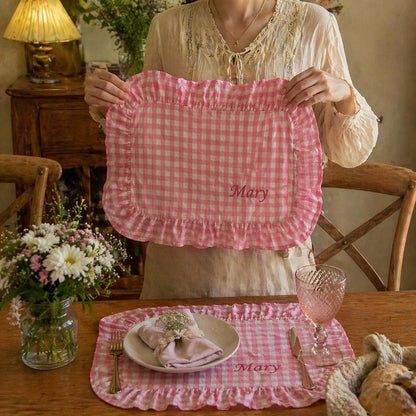 Personalized Linen Placemat, Custom Embroidered Ruffle Placemat, Romantic Table Setting, Wedding Gift, Bridesmaid Gift
