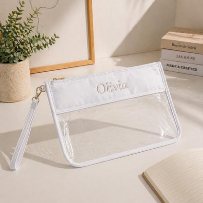 Personalized Clear Cosmetic Bag | Travel Makeup Pouch | Transparent Toiletry Bag | Embroidered Name | Gifts for Her | Beauty Organizer