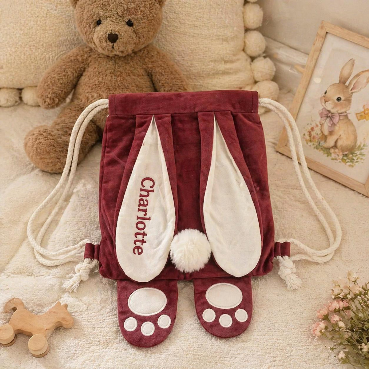 Personalized Bunny Backpack | Custom Name Rabbit Ears Drawstring Bag