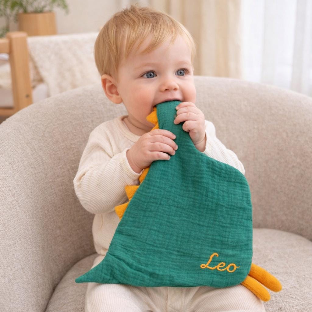 Personalized Dinosaur Muslin Lovey, Soft Cotton Security Blanket, Newborn Gift