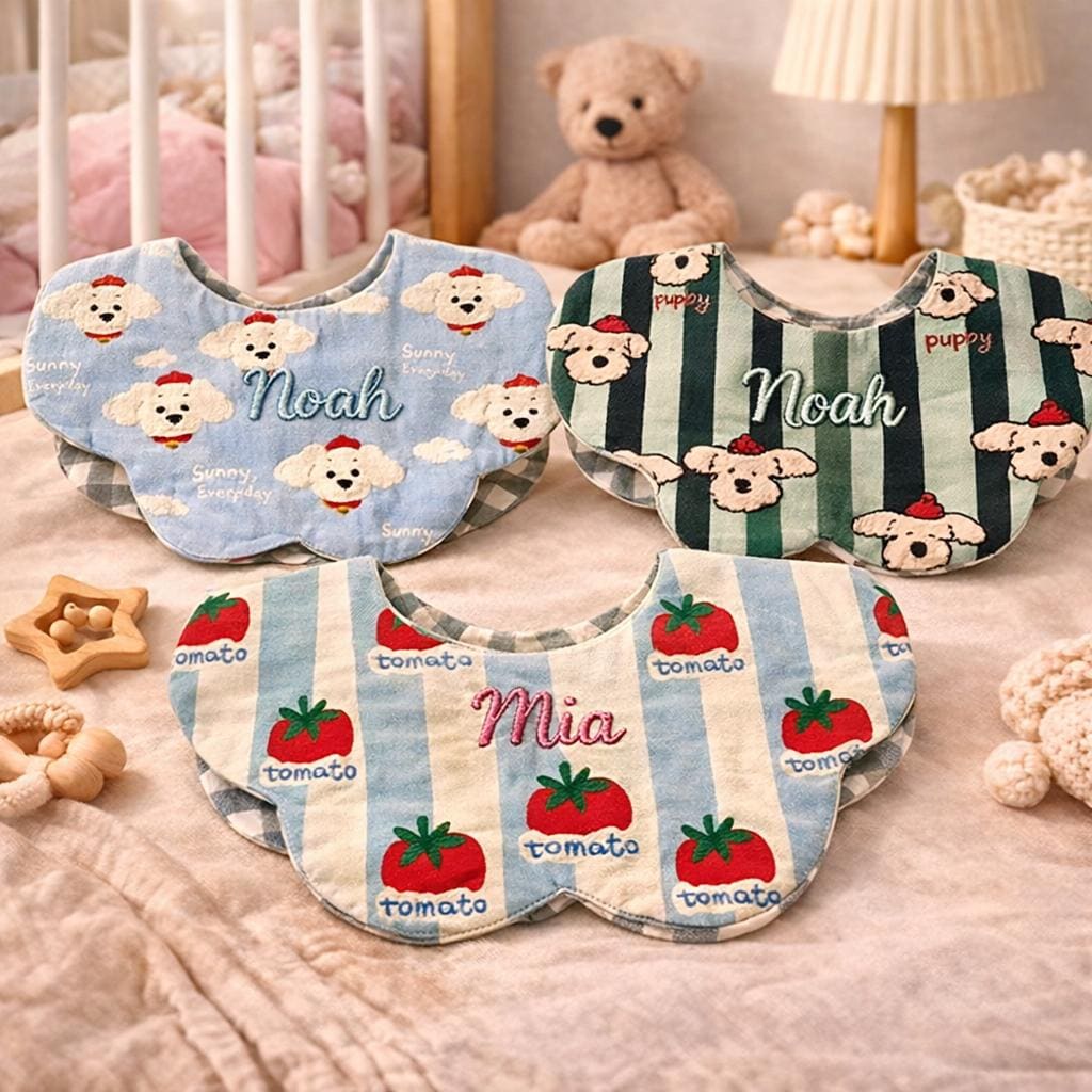 Personalisiertes besticktes Baumwoll-Babylätzchen, Welpen-Tomaten-Design, Sabberlätzchen für Neugeborene