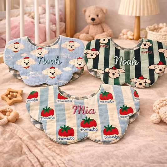 Personalized Baby Bib, Custom Embroidered Cotton Drool Bib, Puppy & Tomato Print Bandana Bib, Newborn Gift, Baby Shower Gift