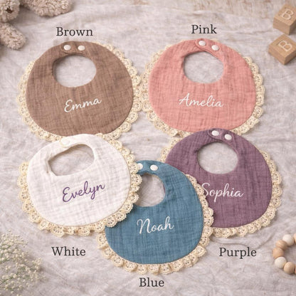 Personalized Lace Baby Bib, Custom Embroidered Name Bib, Cotton Gauze Drool Bib, Newborn Gift, Baby Shower Gift