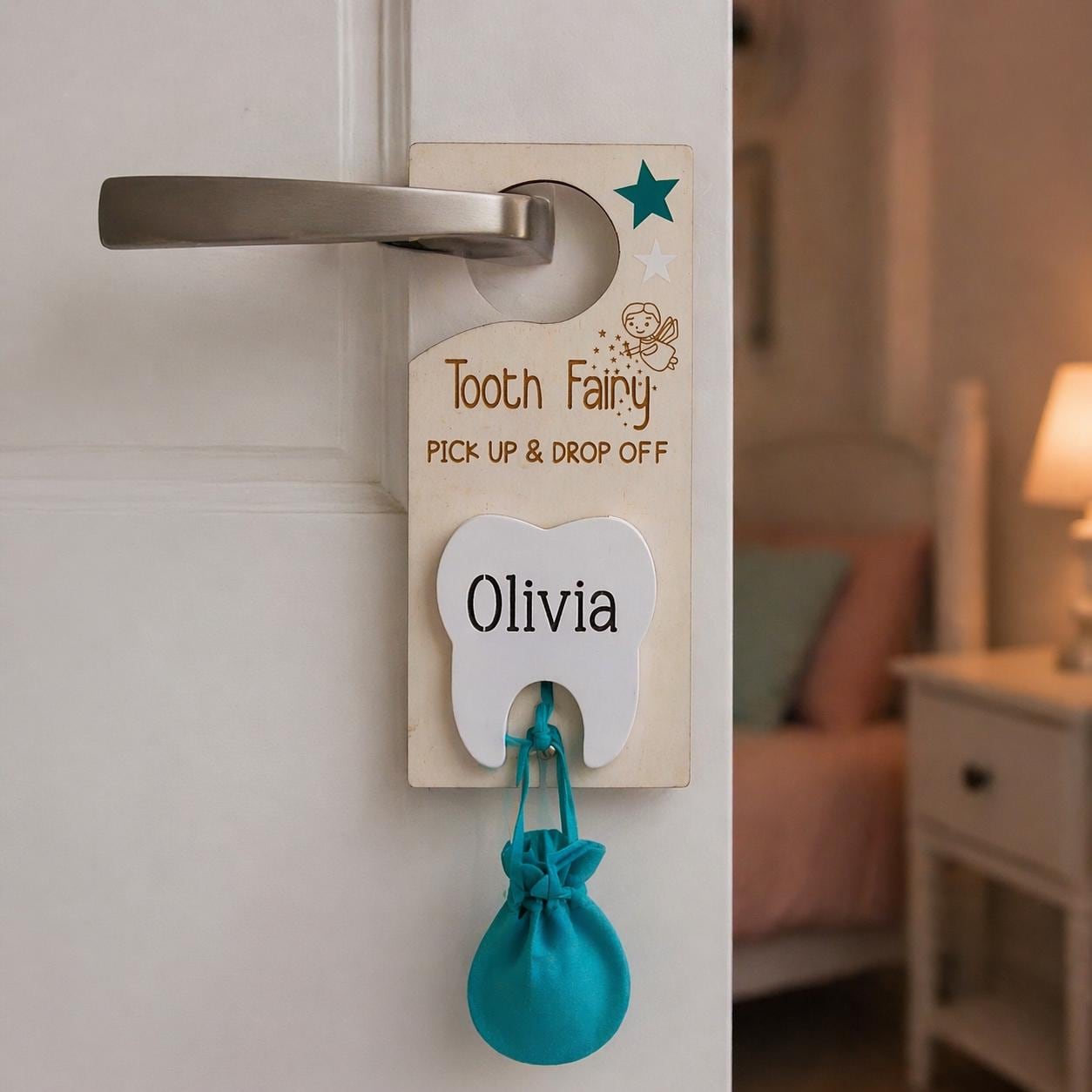 Personalized Tooth Fairy Hanger, Wooden Sign with Pouch, Kids Holder