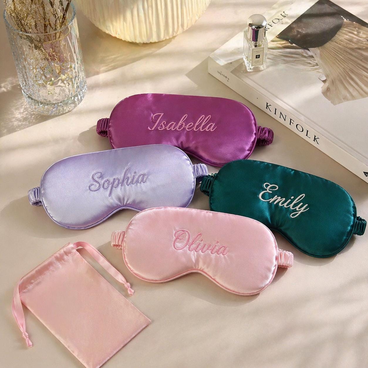 Personalized Silk Sleep Mask, Custom Embroidered Satin Eye Mask, Travel Pouch