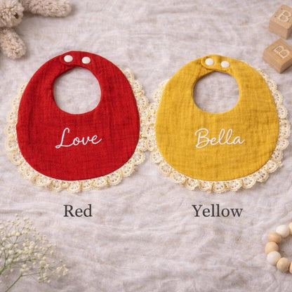 Personalized Lace Baby Bib, Custom Embroidered Name Bib, Cotton Gauze Drool Bib, Newborn Gift, Baby Shower Gift