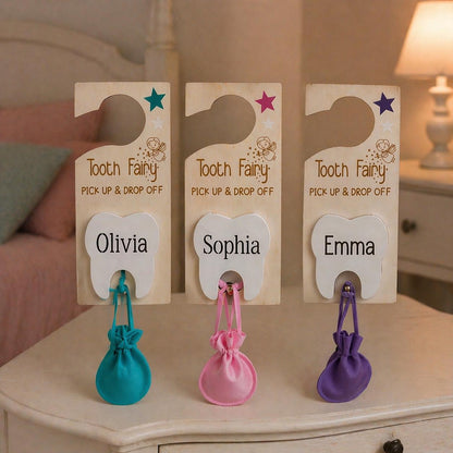 Personalized Tooth Fairy Hanger, Wooden Sign with Pouch, Kids Holder