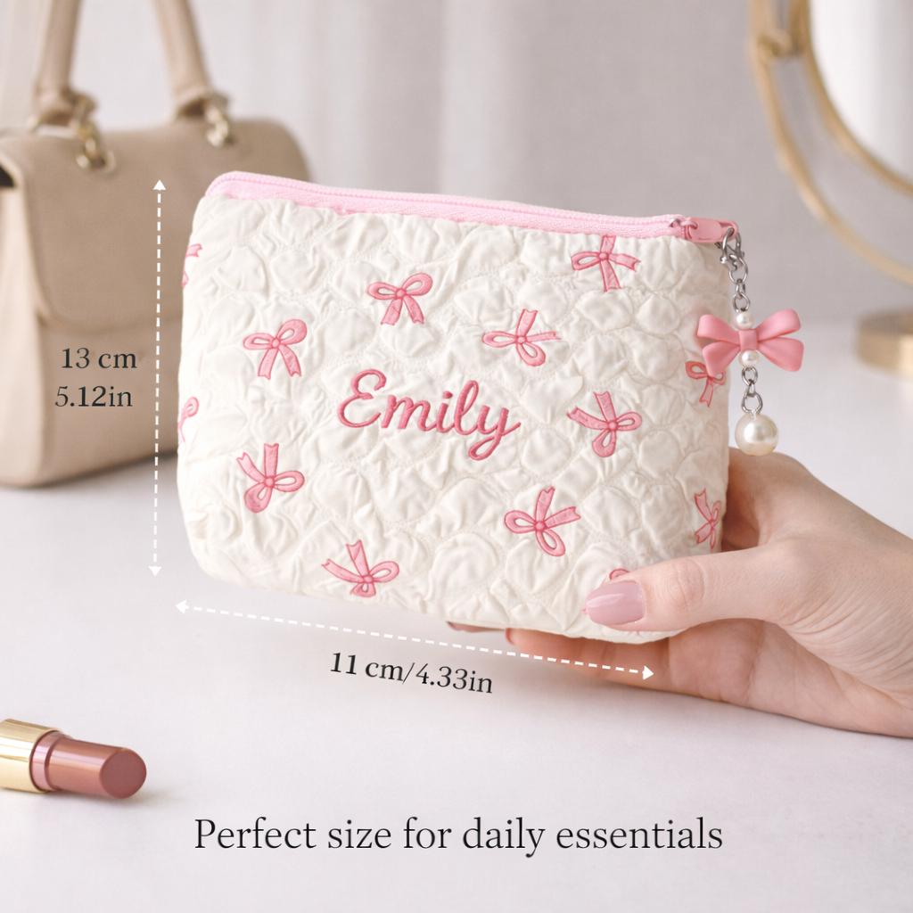 Personalized Embroidered Coin Purse: Quilted Bow Design, Custom Name