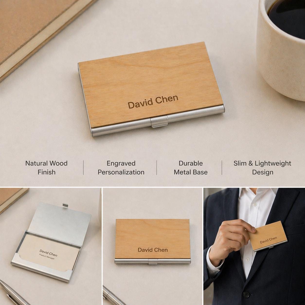 Personalisierter Visitenkartenhalter aus Holz mit Gravur, schlankes Metallgehäuse, Visitenkartenbox aus Walnuss-Ahorn