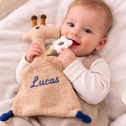 Personalized Baby Lovey with Teether, Custom Embroidered Security Blanket, Muslin Comfort Blanket, Newborn Gift, Baby Shower Gift