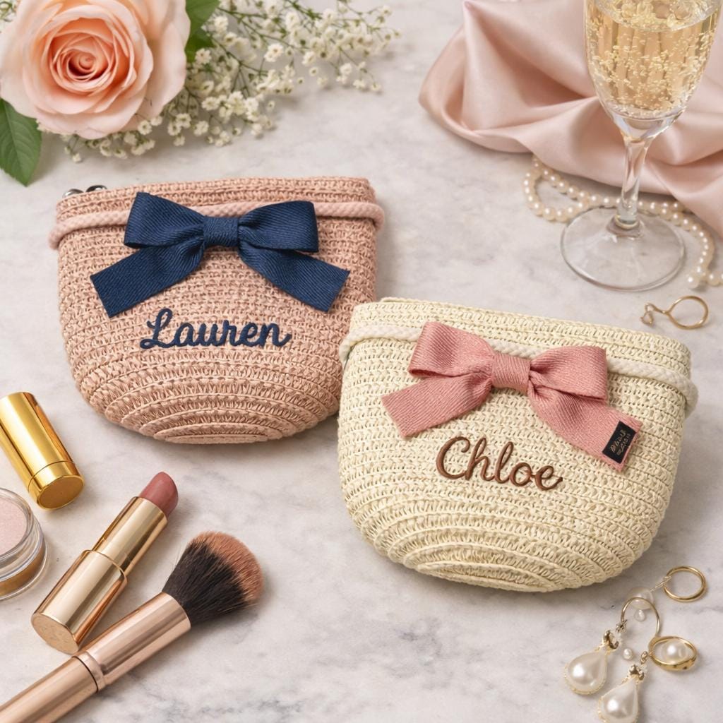Personalized Straw Makeup Bag, Custom Embroidered Name Cosmetic Pouch, Bridesmaid Gift, Crochet Clutch Purse, Gift for Her