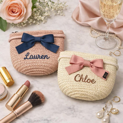 Personalized Straw Makeup Bag, Custom Embroidered Name Cosmetic Pouch, Bridesmaid Gift, Crochet Clutch Purse, Gift for Her