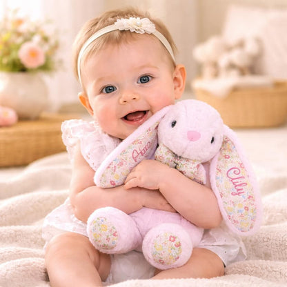 Personalized Bunny Plush Toy, Custom Embroidered Easter Bunny, Floral Rabbit Stuffed Animal, Baby Shower Gift, Newborn Keepsake