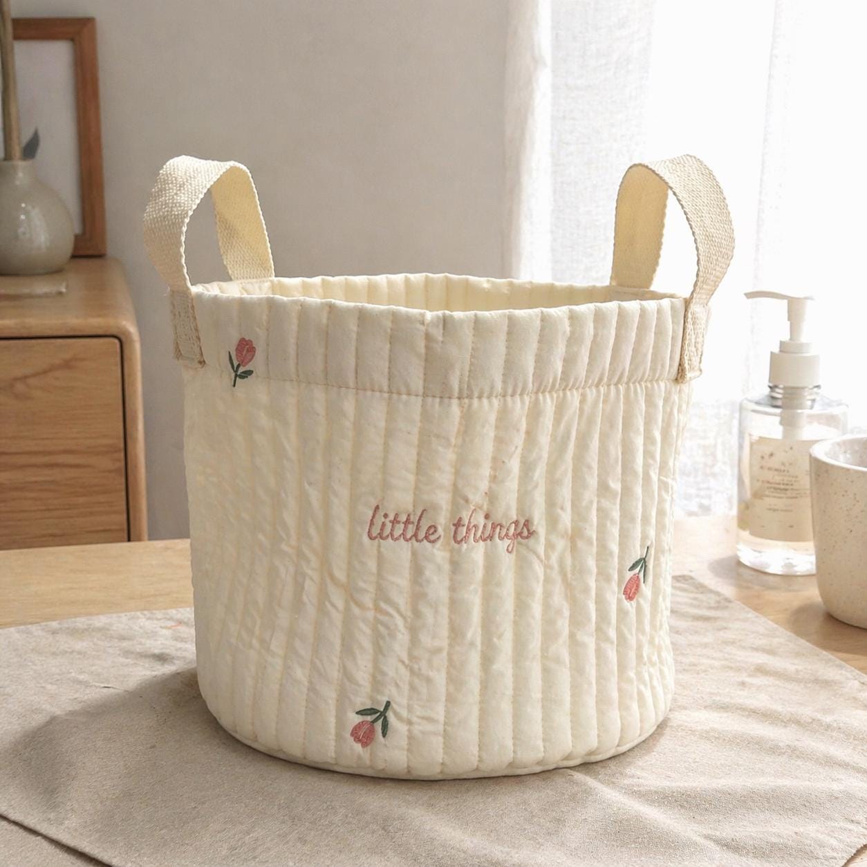 Personalized Quilted Cotton Storage Basket, Custom Name Embroidery Toy Bin, Nursery Decor