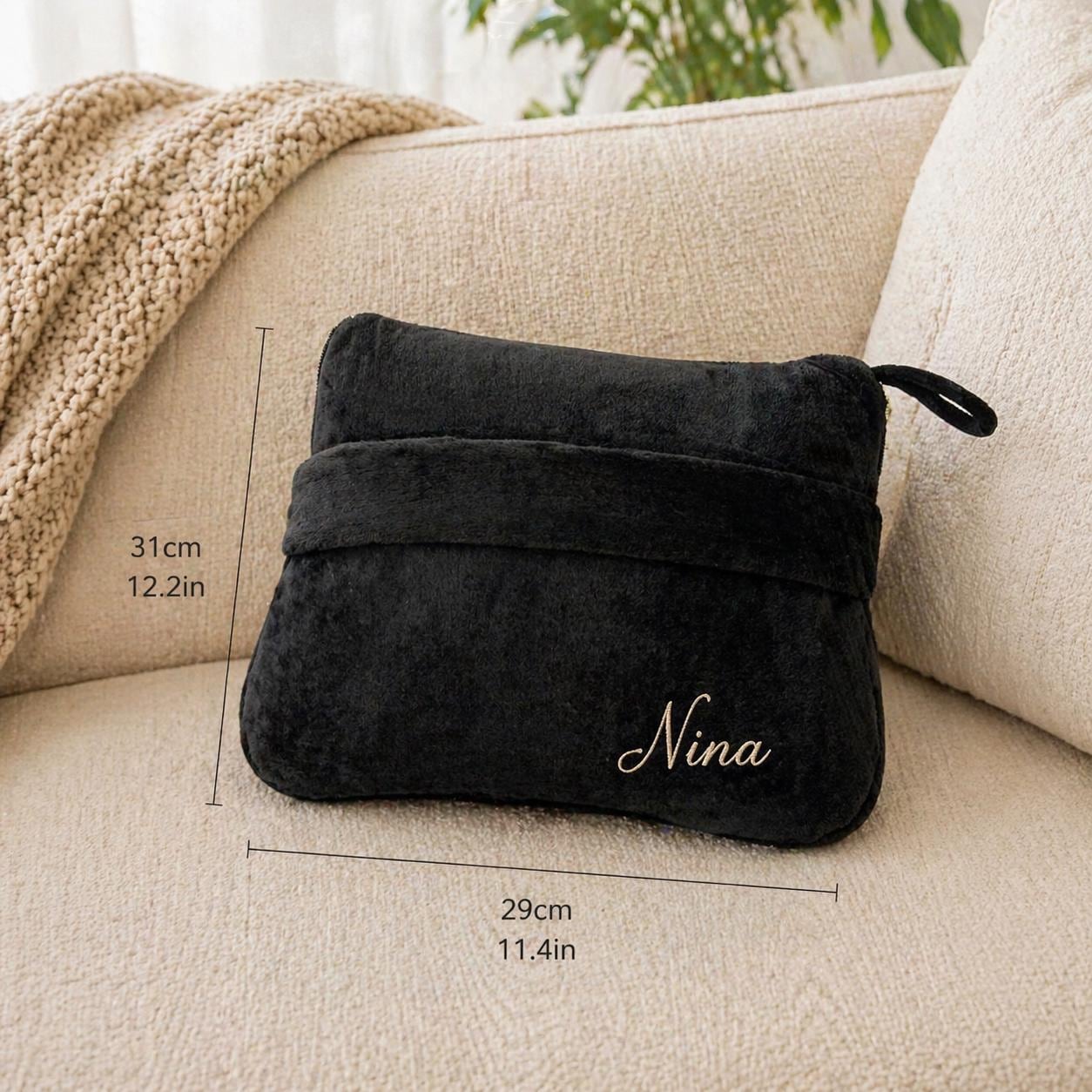 Personalized Plush Travel Blanket with Pouch, Embroidered Name Cozy Throw