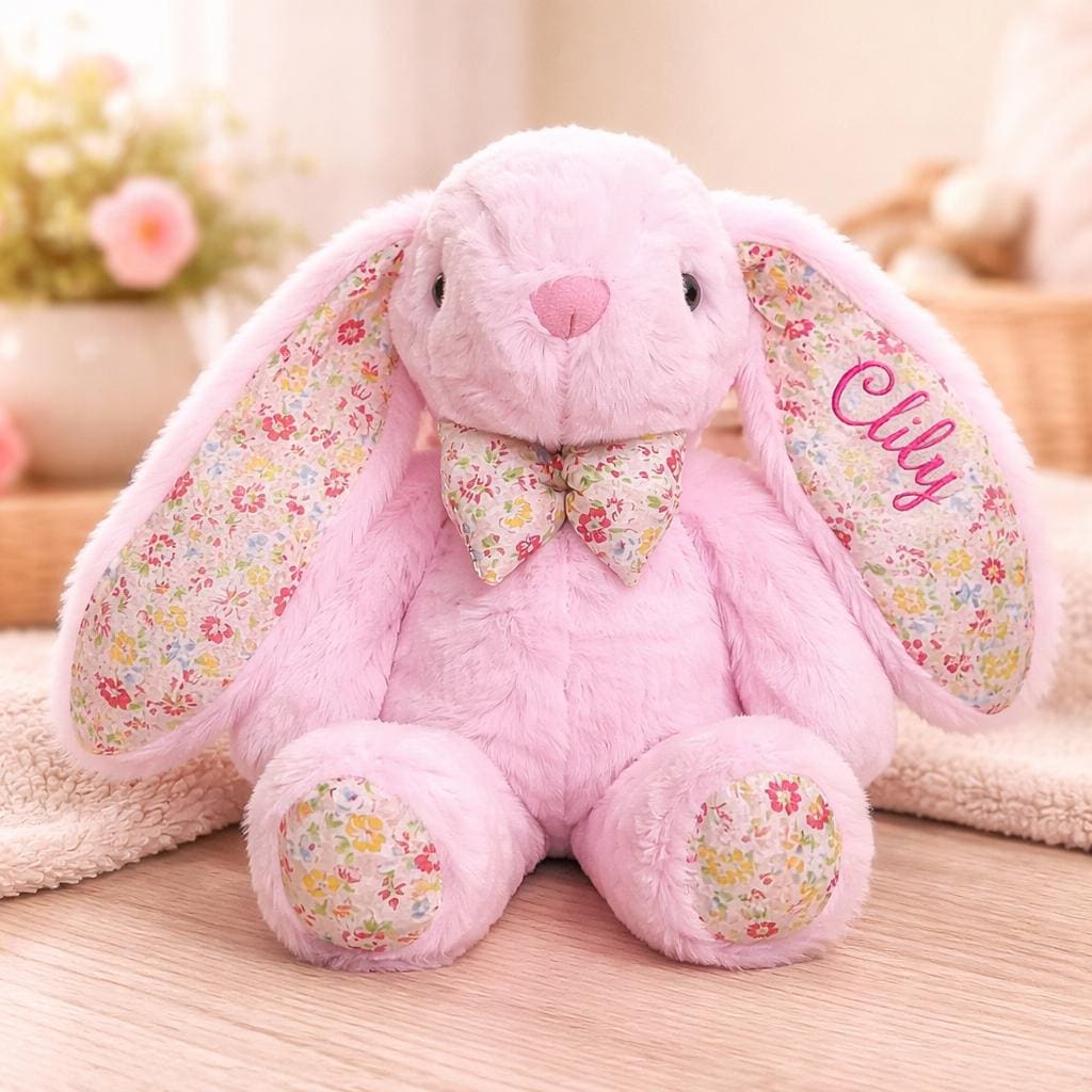 Personalized Bunny Plush Toy, Custom Embroidered Easter Bunny, Floral Rabbit Stuffed Animal, Baby Shower Gift, Newborn Keepsake