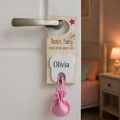 Personalized Tooth Fairy Hanger, Wooden Sign with Pouch, Kids Holder