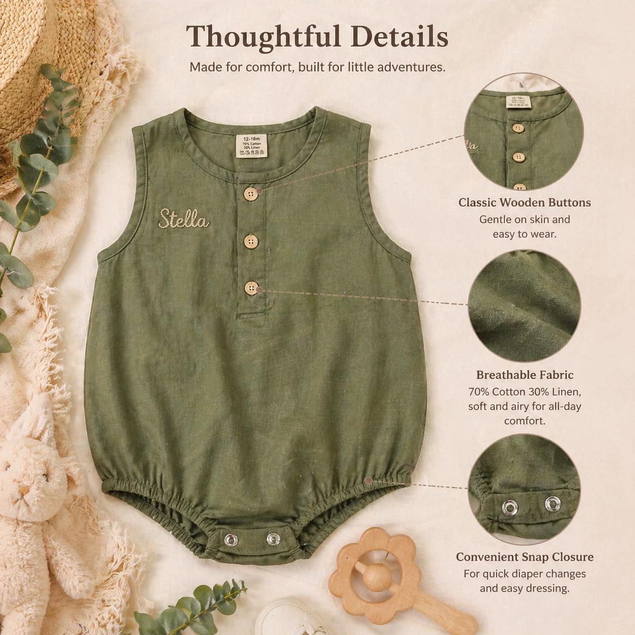 Personalized Baby Romper, Custom Name Embroidery Linen Cotton Romper, Baby Shower Gift, Summer Baby Outfit, Neutral Baby Clothes