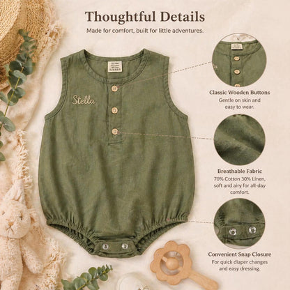 Personalized Baby Romper, Custom Name Embroidery Linen Cotton Romper, Baby Shower Gift, Summer Baby Outfit, Neutral Baby Clothes