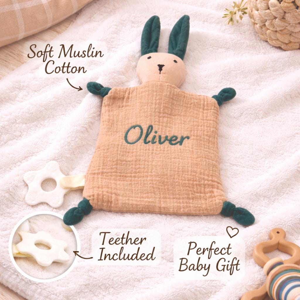 Personalized Baby Lovey with Teether, Custom Embroidered Security Blanket, Muslin Comfort Blanket, Newborn Gift, Baby Shower Gift