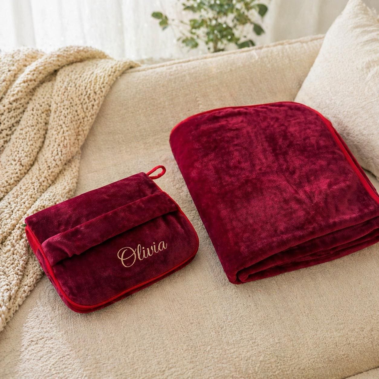 Personalized Plush Travel Blanket with Pouch, Embroidered Name Cozy Throw