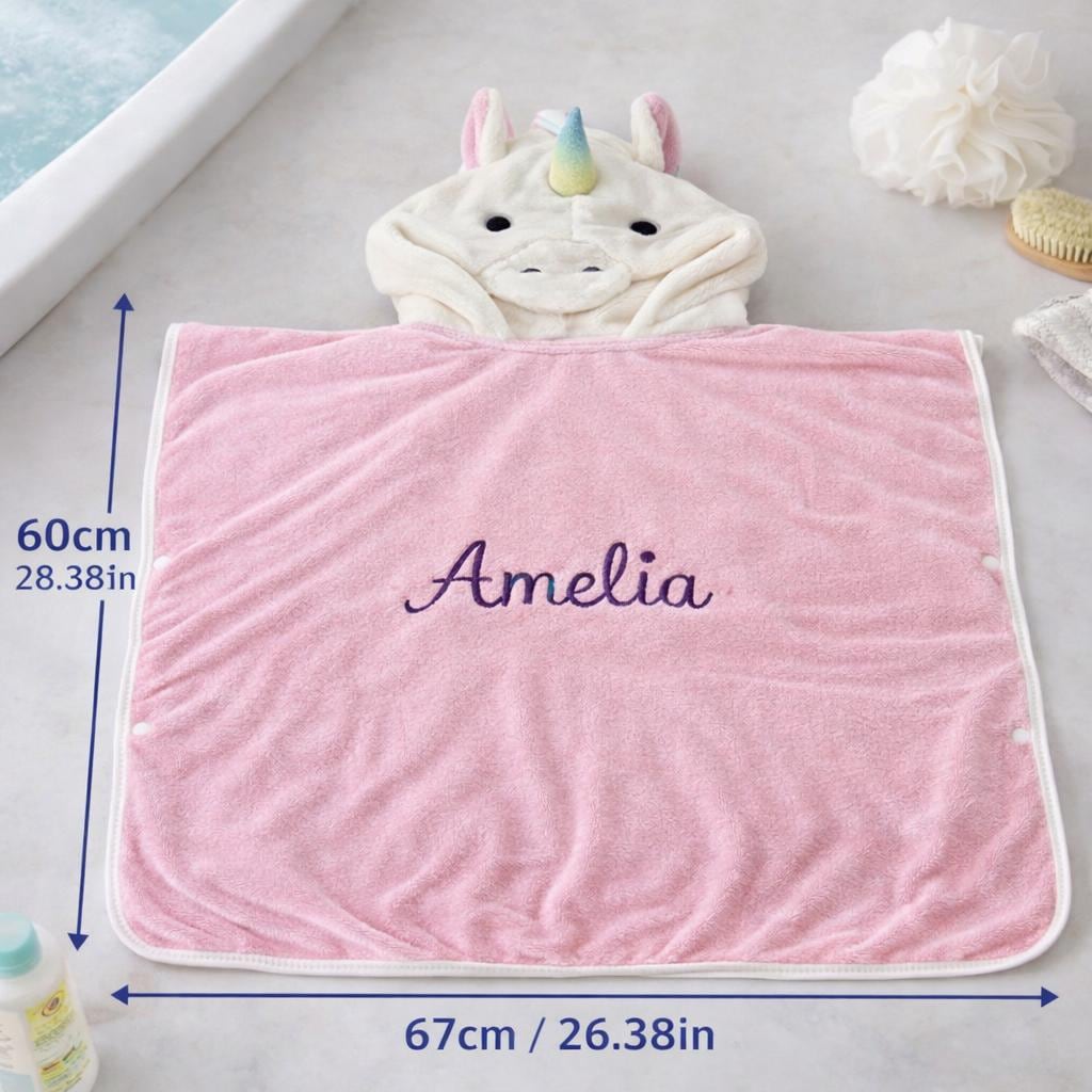Personalized Unicorn Hooded Baby Towel, Embroidered Name