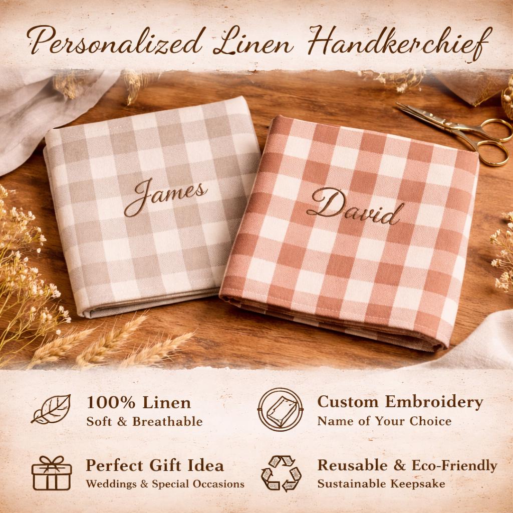 Personalisiertes Leinen-Taschentuch, maßgeschneiderter bestickter Name, kariertes Einstecktuch, Hochzeitsgeschenk